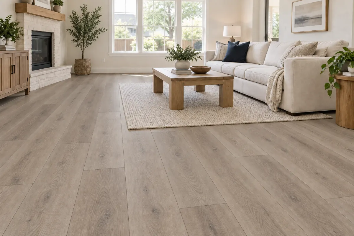 Living room visualization with greige oak vinyl plank flooring