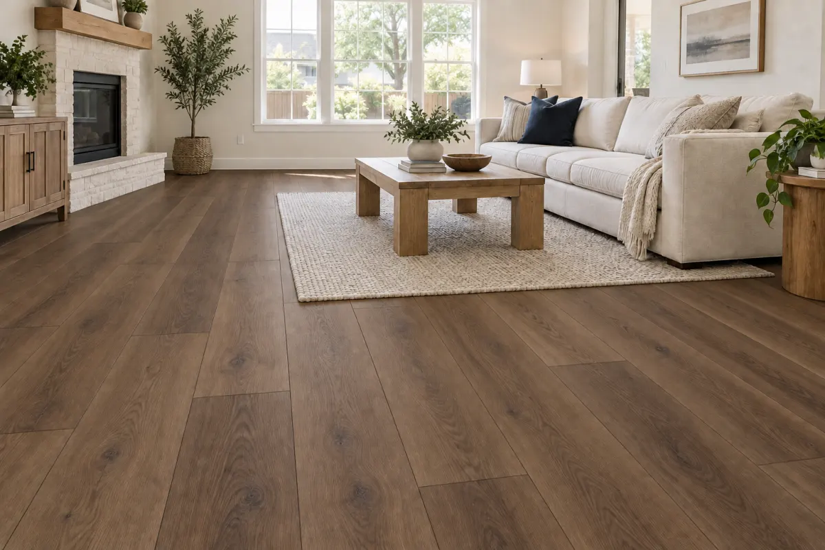 Living room visualization with walnut brown vinyl plank flooring